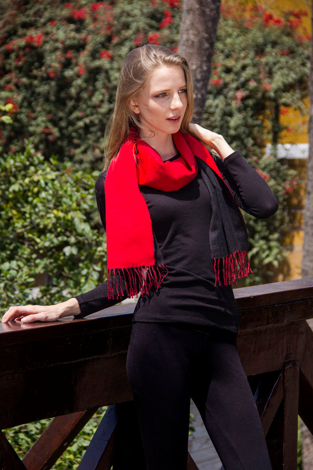Reversible 100% Baby Alpaca Woven Scarf ~ Natural Fiber Wrap for Women and Men ~ Black/Red - Princesa Inca®