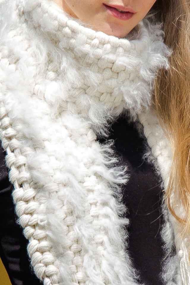 Hand Knit 100% Baby Alpaca Scarf w/ Fur Applications - Natural Fiber Wrap for Women~ Off-White - Princesa Inca®