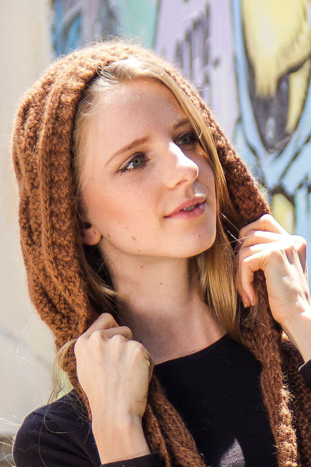 One Piece Hand Knit Baby Alpaca Blend Scarf and Hat for Women and Men ~ Brown - Princesa Inca®