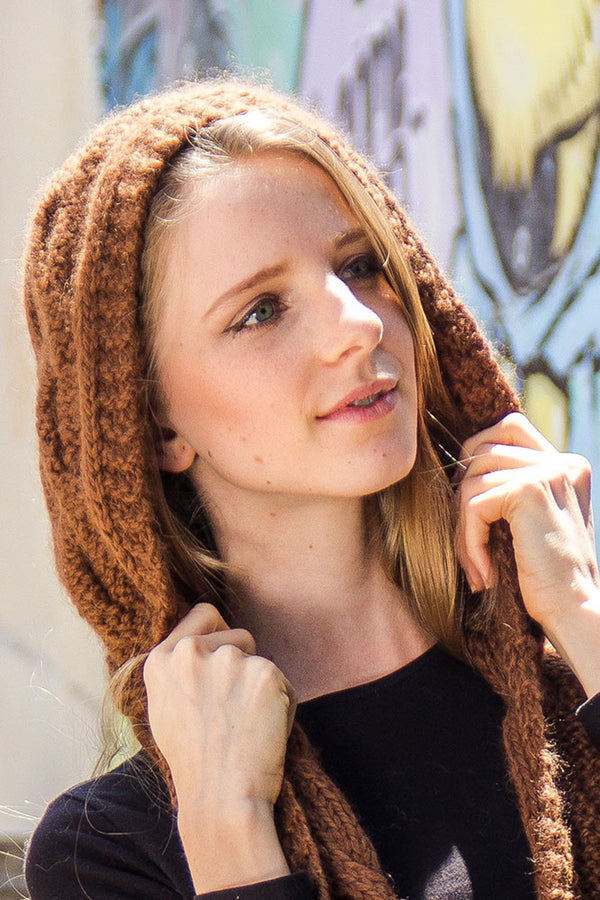 One Piece Hand Knit Baby Alpaca Blend Scarf and Hat for Women and Men ~ Brown - Princesa Inca®