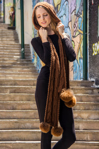 One Piece Hand Knit Baby Alpaca Blend Scarf and Hat for Women and Men ~ Brown - Princesa Inca®