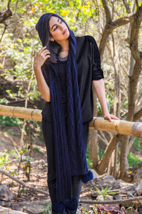One Piece Long Baby Alpaca Blend Scarf Hat  for Women and Men ~ Navy Blue - Princesa Inca®