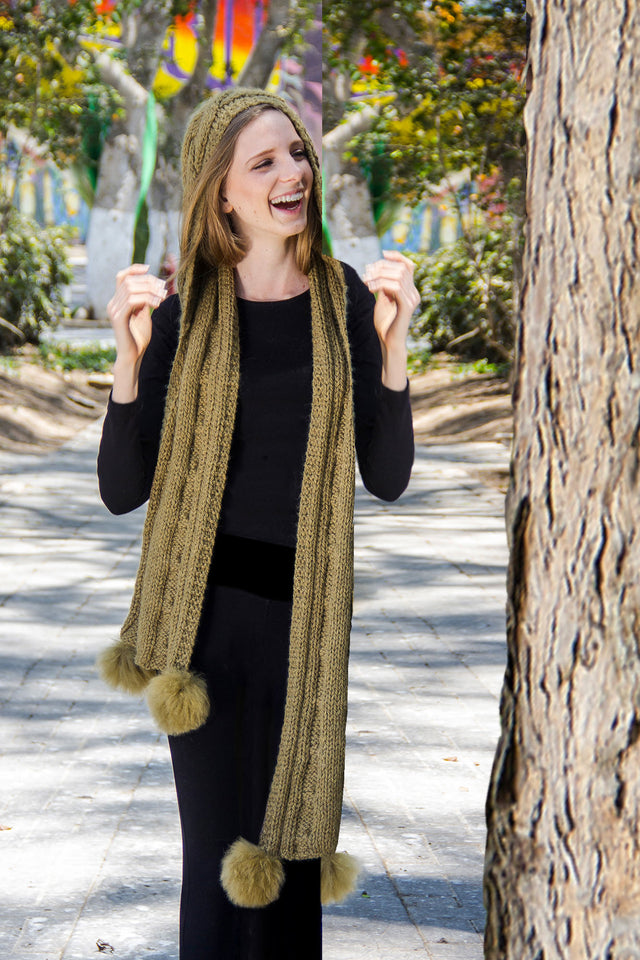 One Piece Hand Knit Baby Alpaca Blend Scarf Hat for Women Men ~ Green - Princesa Inca®