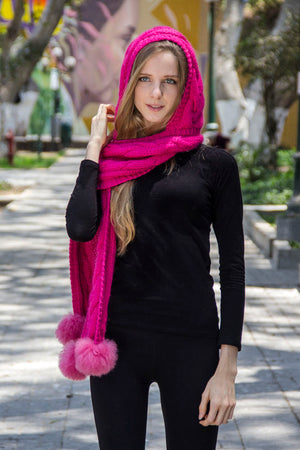 One Piece Hand Knitted Baby Alpaca Blend Scarf Hat for Women ~ Fuchsia - Princesa Inca®