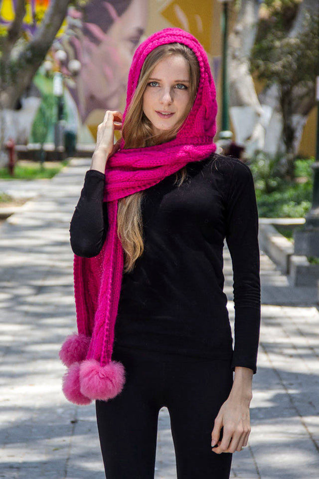 One Piece Hand Knitted Baby Alpaca Blend Scarf Hat for Women ~ Fuchsia - Princesa Inca®